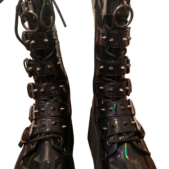 DEMONIA BOOTS DAMNED 225 BLACK HOLOGRAM KNEE HIGH MID-CALF PLATFORM BOOTS SIZE 8 - Picture 2 of 8